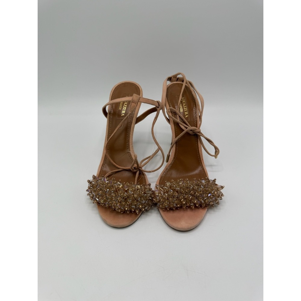 Aquazzura Beaded Suede Ankle-Tie Stiletto Sandals in Peach – Womens EU 37 (US 7)